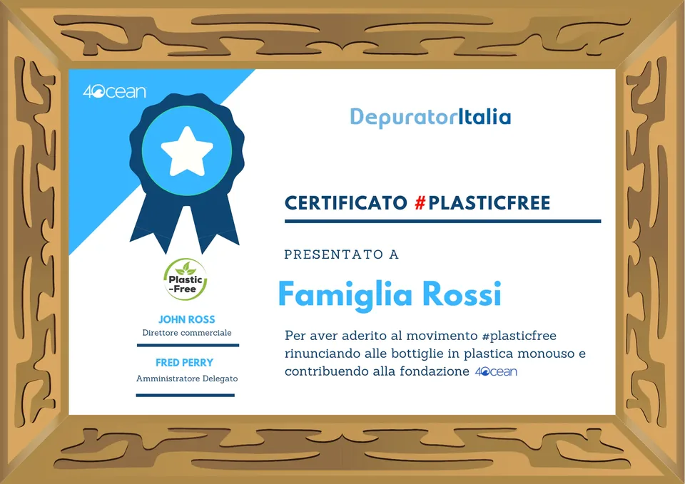 L'attestato del Movimento Plasticfree consegnato alle famiglie
