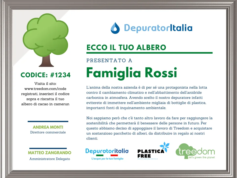 L'attestato Treedom con il codice dell'albero regalato al cliente
