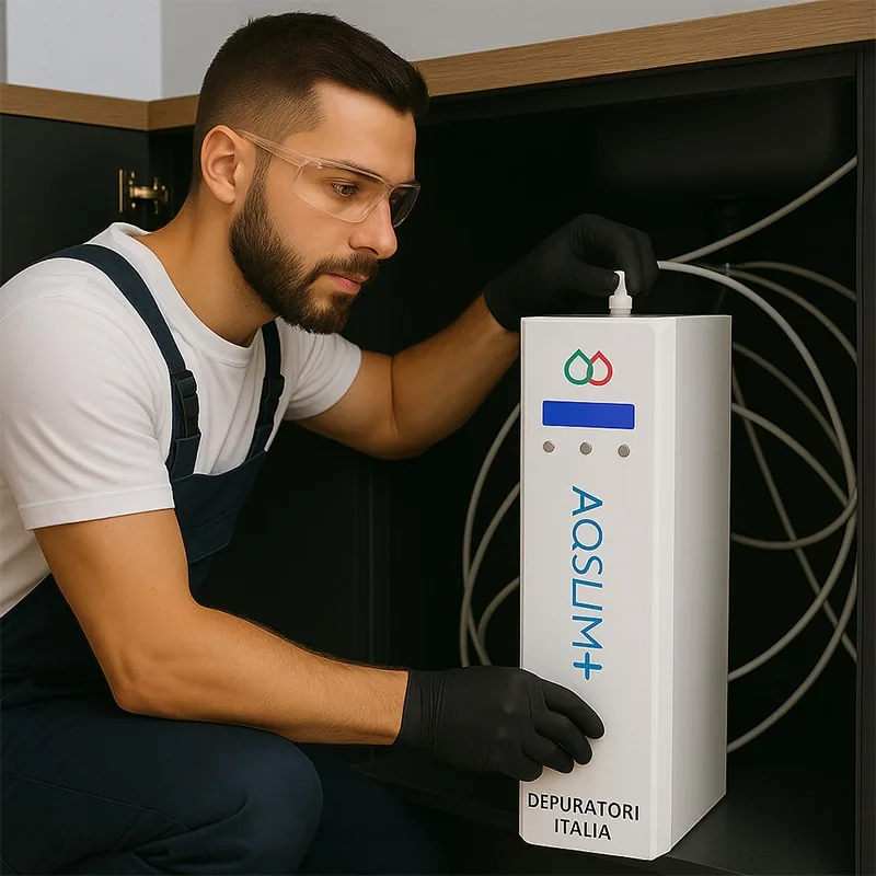 Un tecnico installa Aqslim+ sotto il lavello